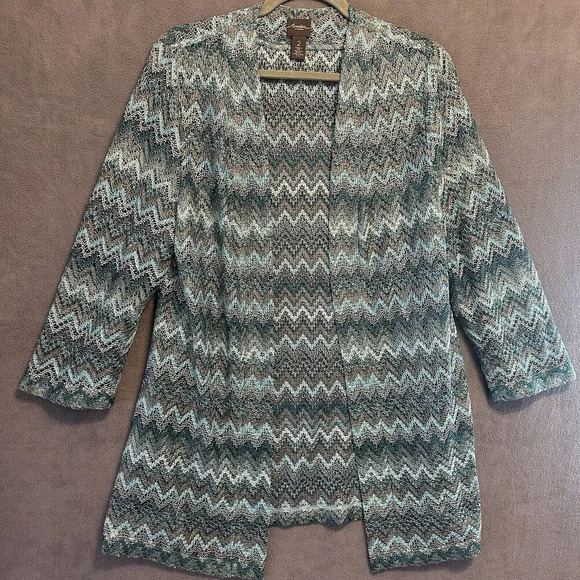 Chicos Travelers Collection Chevron Open Cardigan Blue Size 2 (L) Sheer Zigzag - Picture 1 of 7